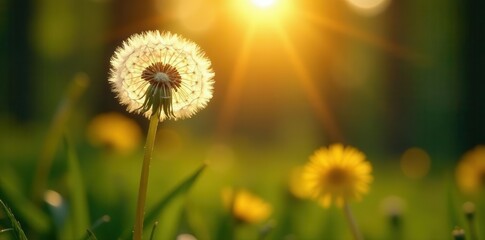 Sunlit dandelion, sharp focus, forest backdrop , wallpaper, wild, green