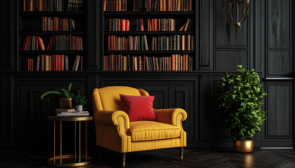 yellow armchair, which has red accents, is situated in a dark, stylish interior