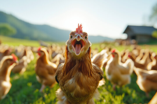 A close-up shot of a chicken staring straight at the camera, mouth open, with a backdrop of a farm. Capturing the essence of farm life, this image showcases the raw, unfiltered beauty of nature.