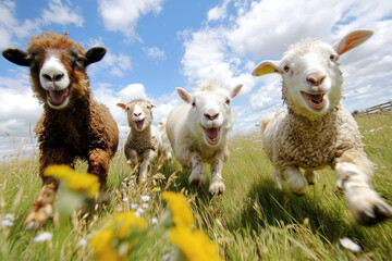 Fototapeta premium A lively group of fluffy lambs beams with infectious delight, gamboling freely across a vibrant, wildflower-speckled meadow, a picture of pure, unadulterated joy under a bright blue sky.