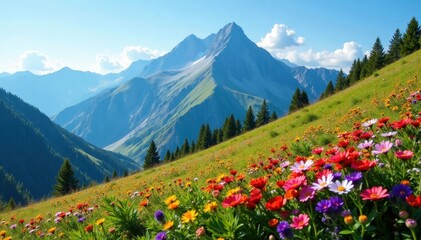 High mountain range, colorful wildflowers carpet slope, photography, landscape, field