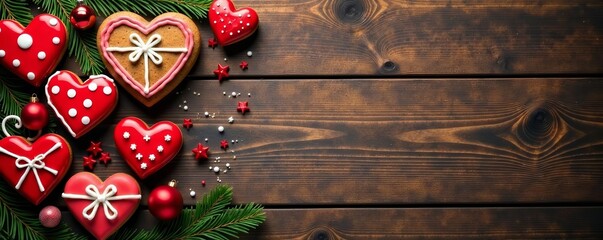 Festive background with gingerbread hearts on wood texture, ideal for Christmas or Valentine's Day designs, hearts, Valentine's Day