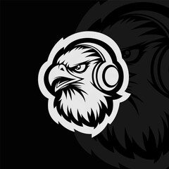 Angry eagle with headphone head mascot animal esport, black white