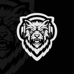 Angry puma with headphone head mascot animal esport illustration, black white