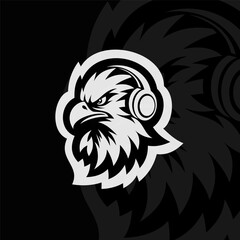 Angry eagle with headphone head mascot animal esport character, black white