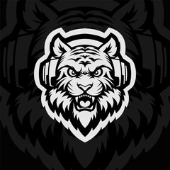 Angry tiger with headphone head mascot animal esport illustration, black white