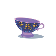India cup with ornate in flat design. Saucer or mug with colourful ornament. Vector illustration isolated.