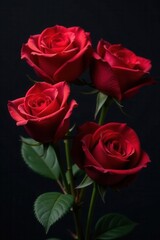 Three dark red roses, velvet petals, dramatic lighting, shadow, petals, crimson