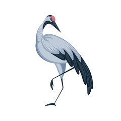 Fototapeta premium Japan crane in flat design. Beautiful bird with white feathers posing. Vector illustration isolated.
