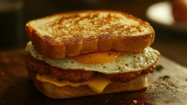 A hearty breakfast sandwich with sausage, egg and melted cheese on a golden brown bun.