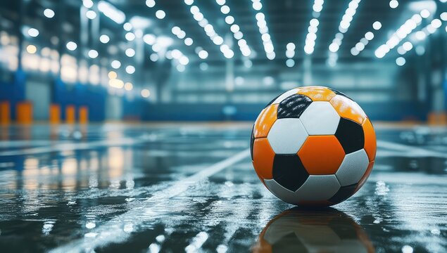 Wet indoor soccer field with ball; reflections on floor