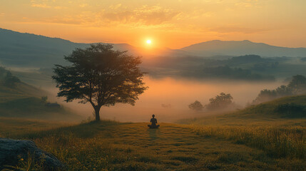 Fototapeta premium A serene landscape with a person practicing Tai Chi at sunrise