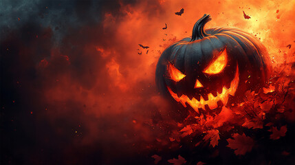 Fototapeta premium Fiery Halloween: A Spooky Pumpkin with a Glowing Face Set Against a Dramatic Fiery Background, Perfect for Halloween Celebrations and Eerie Decorations