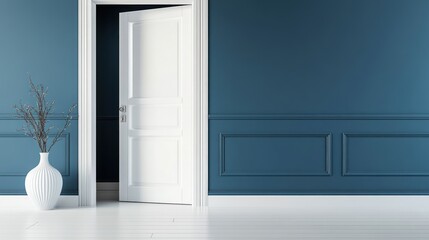 Fototapeta premium Open door in blue room, vase with plant. Interior design, home renovation concept