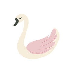 Cute swan with pink feathers in flat design. Beautiful swimming bird. Vector illustration isolated.