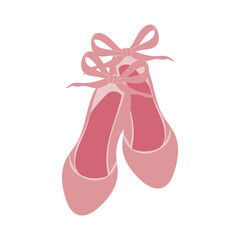 Pink ballet shoes with bows in flat design. Romantic and soft footwear. Vector illustration isolated.