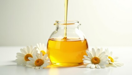Slow motion image of honey and chamomile streaming into clear bottle on white background, close-up, motion, golden