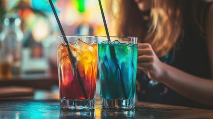 Colorful cocktails at a vibrant bar.