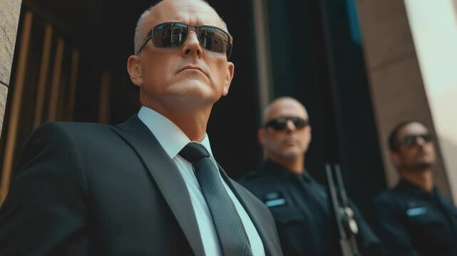 A police detective is conducting a formal interview with a suspect in an office setting. The man being interviewed wears sunglasses and formal attire, which suggests he may be a suspect or a criminal.