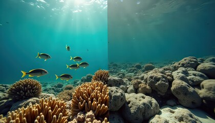 Fototapeta premium Diptych: on the left is a bright coral reef with fish, on the right are dead reefs in grey tones. Environmental issues. The concept of nature protection
