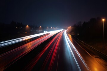 Obraz premium Capturing the dynamic energy of a highway at night, featuring vibrant red and white light trails from swiftly passing cars
