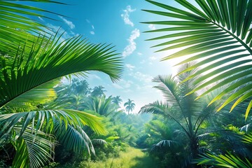 Fototapeta premium Lush Green Tropical Jungle Path in Paradise Under Blue Sky