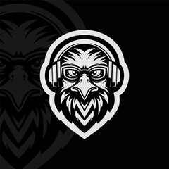 Eagle with headphone mascot animal esport character, black white