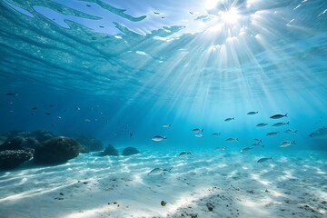 Fototapeta premium Underwater World: Sunlight and Fish in the Blue Sea
