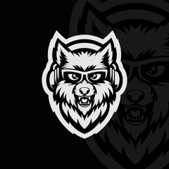 Wolf with headphone mascot animal esport character, black white