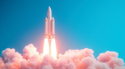 Space rocket launching into clear sky surrounded by billowing clouds and flames, showcasing modern aerospace technology and power