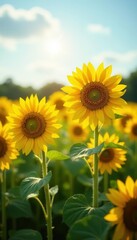 Vibrant sunflowers in a field, bright sunlight , summer, wildflowers, hot