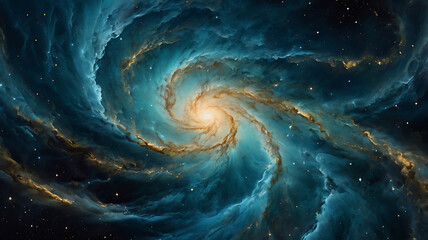 A blue spiral galaxy illustration in the black space of the universe shows a light vortex swirl of stars