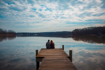 Romantic couple sitting on a wooden pier by a calm lake reflecting the cloudy sky, enjoying a peaceful moment together