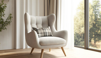 wingback chair in the sunlit room has striped upholstery and is paired with a plaid pillow