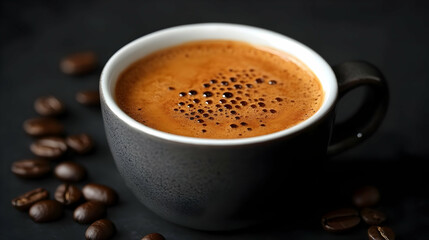 Fototapeta premium Dark Gray Mug of Espresso with Coffee Beans