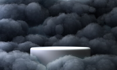 Surreal 3D render white podium amid darck clouds In center of screen