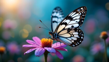 Fototapeta premium Marbled white butterfly on wildflower, dew, macro detail, vivid colors, blurred background. Perfect for meadow and wildlife visuals. 