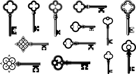 Collection of antique key vector illustrations on a white background