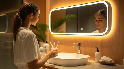 A smart mirror in a bathroom, showing personalized health data and daily updates