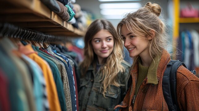 Friends shopping for vintage clothes in a store