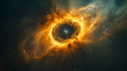 Naklejka premium Fiery Ring Nebula in Deep Space, Glowing Orange and Gold Cosmic Dust