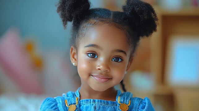 Happy girl portrait, home interior, smiling child - Powered by Adobe