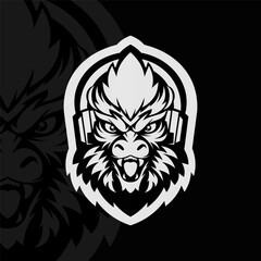 Angry dragon with headphone mascot animal esport character logo design, black white