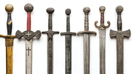 Assorted crusader swords with engraved cross motifs on white background.