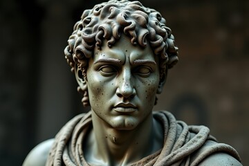 A classical stone statue of a man with curly hair and a serious expression, detailed with realistic features and draped clothing.