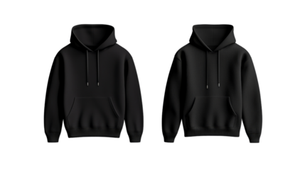 Two Black Hoodies Displayed on Transparent Background Showcasing Modern Fashion Design