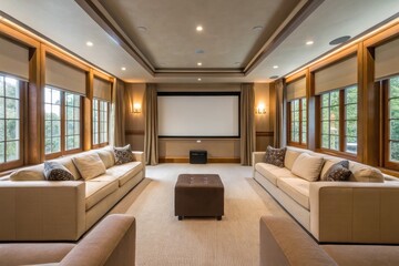 Cozy Home Theater Room with Large Screen and Comfortable Seating for Movie Nights