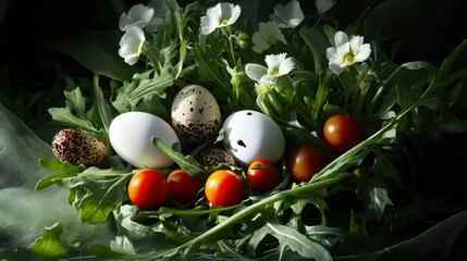 Elegant salad presentation with arugula, quail eggs, cherry tomatoes, asparagus, and a balsamic glaze in sunlight.