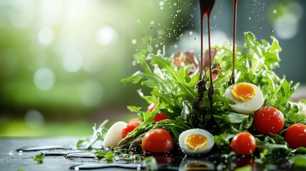 Elegant salad presentation with arugula, quail eggs, cherry tomatoes, asparagus, and a balsamic glaze in sunlight.