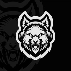Angry fox with headphone mascot animal esport character logo design, black white